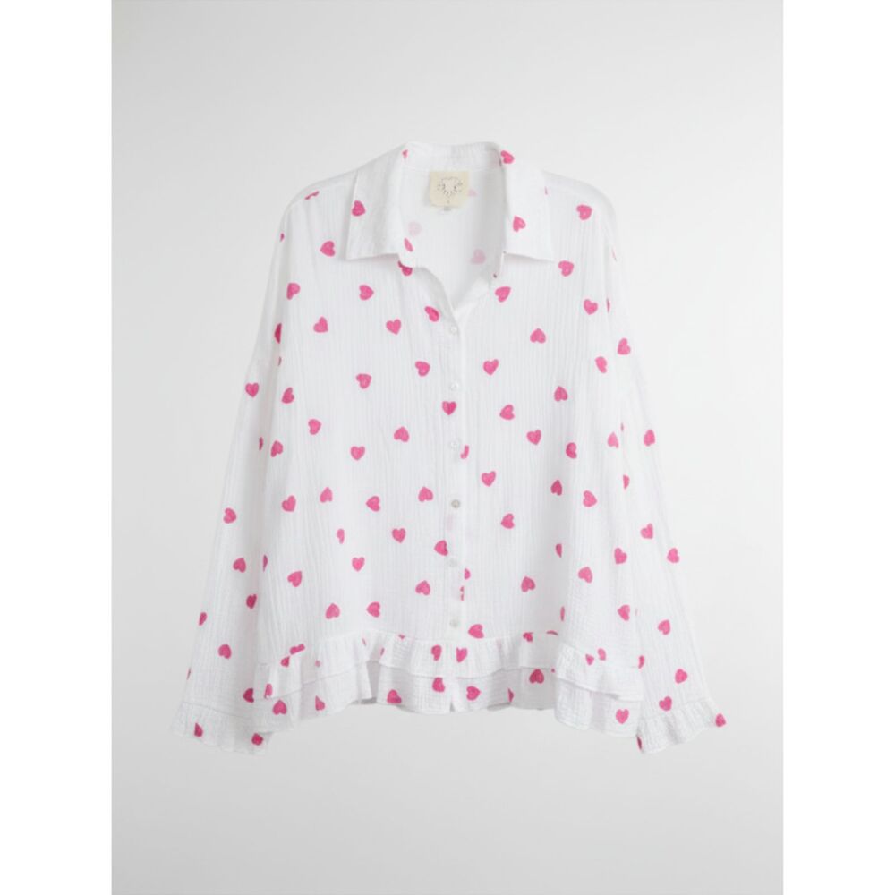Fantastic Fawn White Pink Heart Gauze Cotton Ruffle Hem Button Down Top Large L